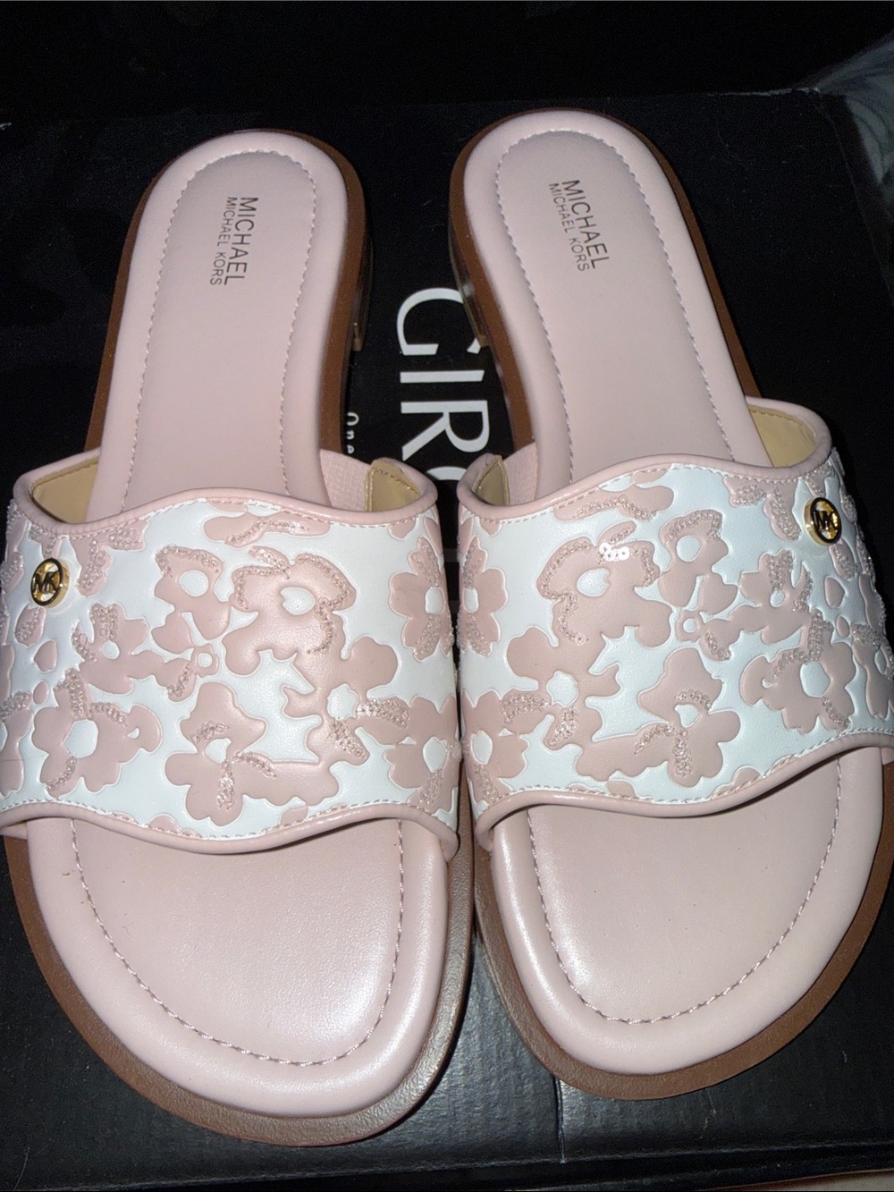 Michael Kors Pink Floral Applique Slide Sandals